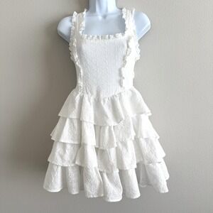 White Eyelet Ruffle Mini Dress Womens Medium Cottagecore Coquette Girl Coastal